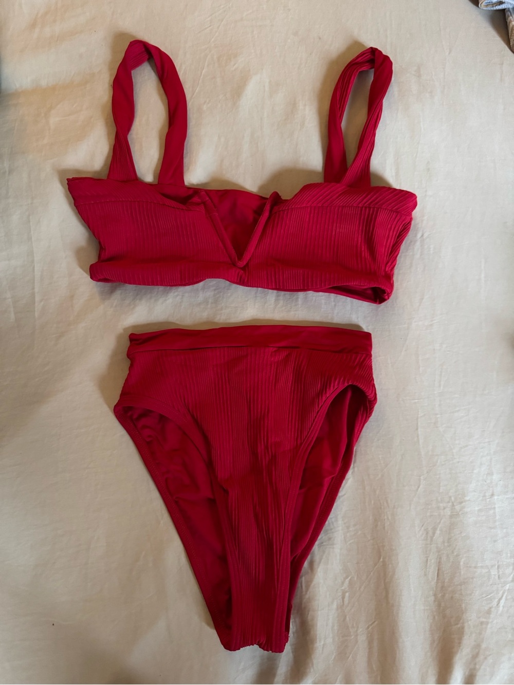 l*space Red Ribbed V-Front High-Waist Bikini Set